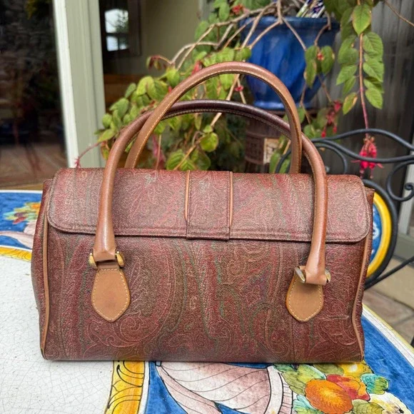 ETRO Milano‎ Vintage Paisley Print Leather Handbag Top Handle Satchel Bag